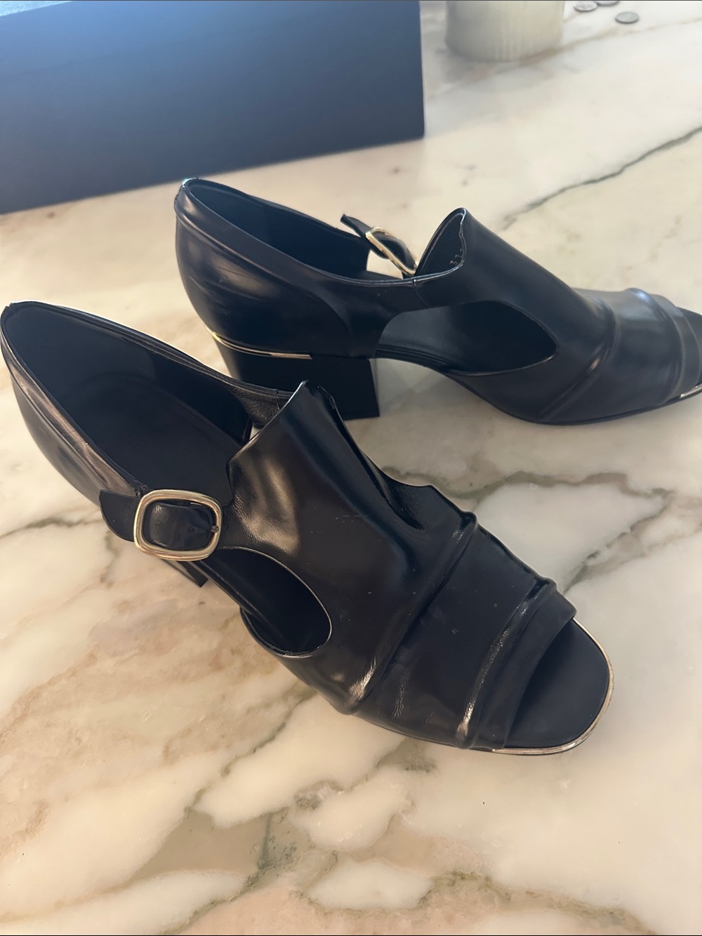 Balenciaga Black Cutout Peep-Toe Heels with Buckle
